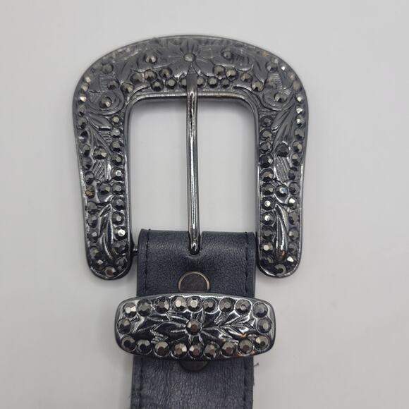 Black Leather Belt Sml Western Cowgirl Rhinestone Buckle Studs Boho Rodeo Bling